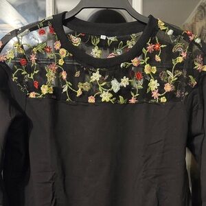 Black Sweatshirt with Floral Embroidery on Mesh New